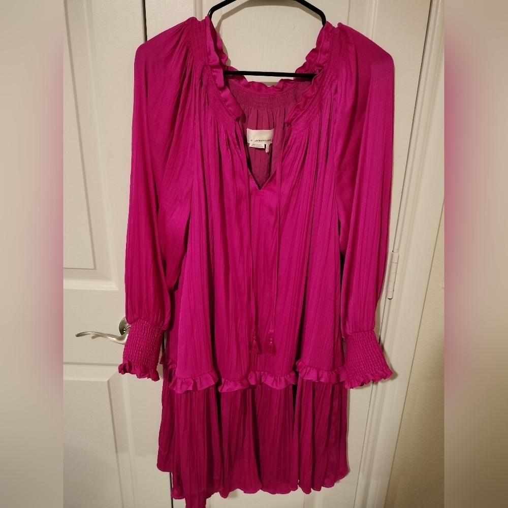 Anthropologie Dark Pink Dress Long Sleeve Ruffle Neckline Sz S